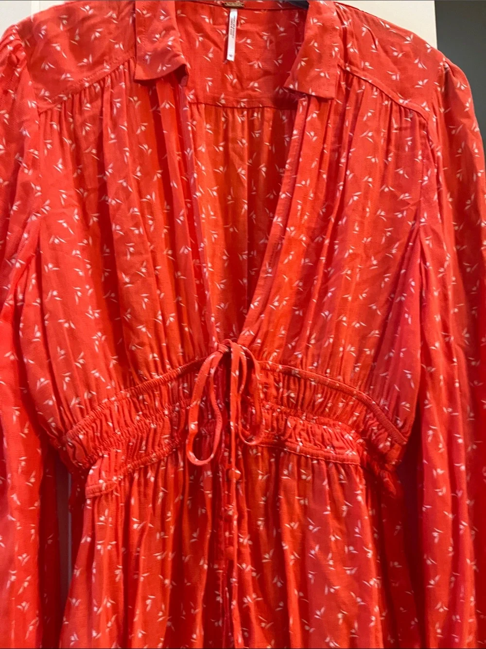 Free People Coral Orange  Printed Button-Front Peplum Blouse
